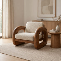 Lounge chair with thick closed loop wooden side frames in a Scandinavian living room with white walls