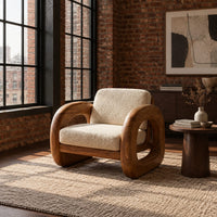 Lounge chair with thick closed loop wooden side frames in an industrial loft living room with exposed brick