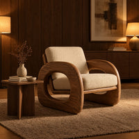 Lounge chair with thick open loop arms and sled base in an evening living room with walnut wall paneling