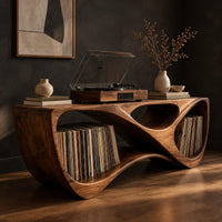 Record console with a twisting looped form and open bays at both ends, three-quarter view showing the grain