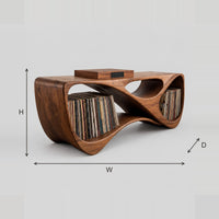 Sculptural Record Console With Twisting Loops And Open End Bays dimension diagram with width, height and depth