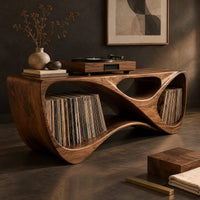 Corner detail of record console with a twisting looped form and open bays at both ends beside wood, brass and linen samples