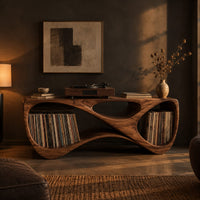 Record console with a twisting looped form and open bays at both ends in a dark living room at golden hour
