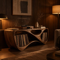 Record console with a twisting looped form and open bays at both ends in an evening living room with walnut wall paneling