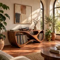 Record console with a twisting looped form and open bays at both ends in a bright living room with arched windows and plants