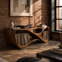 Record console with a twisting looped form and open bays at both ends in an industrial loft living room with exposed brick