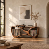 Record console with a twisting looped form and open bays at both ends in a bright open plan living room