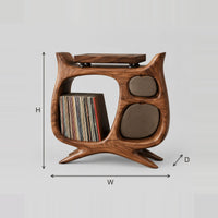 Sculptural Record Player Stand With Upswept Tips And Oval Openings dimension diagram with width, height and depth