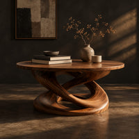 Round coffee table on a twisting interlaced loop base, three-quarter view showing the grain