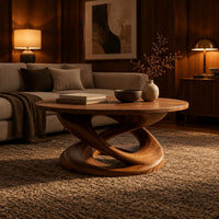 Round coffee table on a twisting interlaced loop base in an evening living room with walnut wall paneling