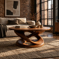 Round coffee table on a twisting interlaced loop base in an industrial loft living room with exposed brick