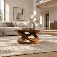 Round coffee table on a twisting interlaced loop base in a bright open plan living room
