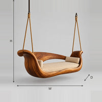 Sculptural Swing With A Boat Shaped Body And Scrolled Ends dimension diagram with width, height and depth