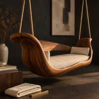 Corner detail of boat shaped wooden swing with scrolled ends and a long seat cushion beside wood, brass and linen samples