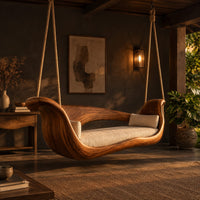 Boat shaped wooden swing with scrolled ends and a long seat cushion in a dark porch at golden hour
