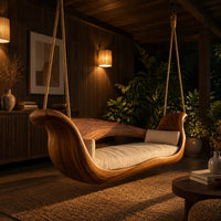Boat shaped wooden swing with scrolled ends and a long seat cushion in an evening porch with walnut wall paneling