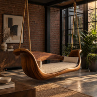 Boat shaped wooden swing with scrolled ends and a long seat cushion in an industrial loft porch with exposed brick