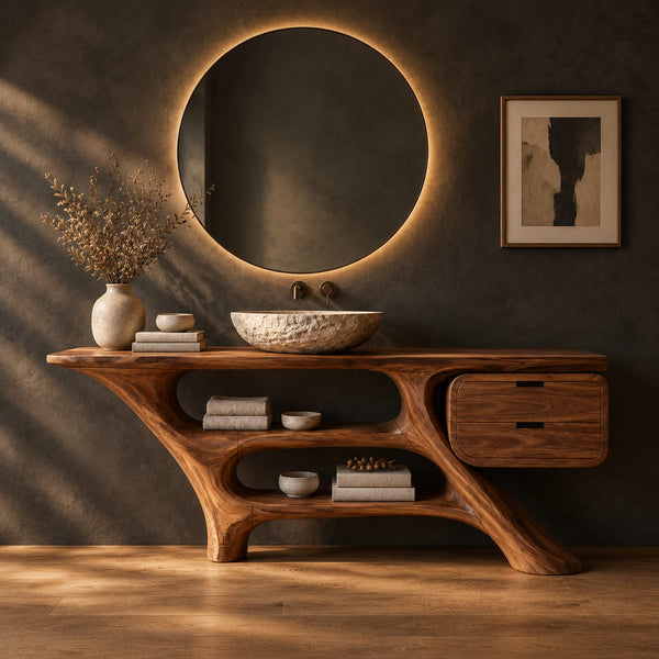 Sculptural Vanity With Slanted Root Legs And Two Open Bays
