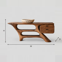 Sculptural Vanity With Slanted Root Legs And Two Open Bays dimension diagram with width, height and depth