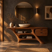 Sculptural vanity with slanted legs, two open bays and a drawer box in a dark bathroom at golden hour