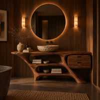 Sculptural vanity with slanted legs, two open bays and a drawer box in an evening bathroom with walnut wall paneling