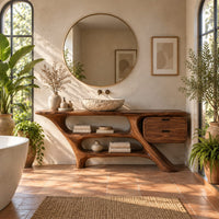 Sculptural vanity with slanted legs, two open bays and a drawer box in a bright bathroom with arched windows and plants