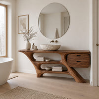 Sculptural vanity with slanted legs, two open bays and a drawer box in a Scandinavian bathroom with white walls