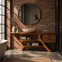 Sculptural vanity with slanted legs, two open bays and a drawer box in an industrial loft bathroom with exposed brick