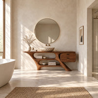 Sculptural vanity with slanted legs, two open bays and a drawer box in a bright open plan bathroom