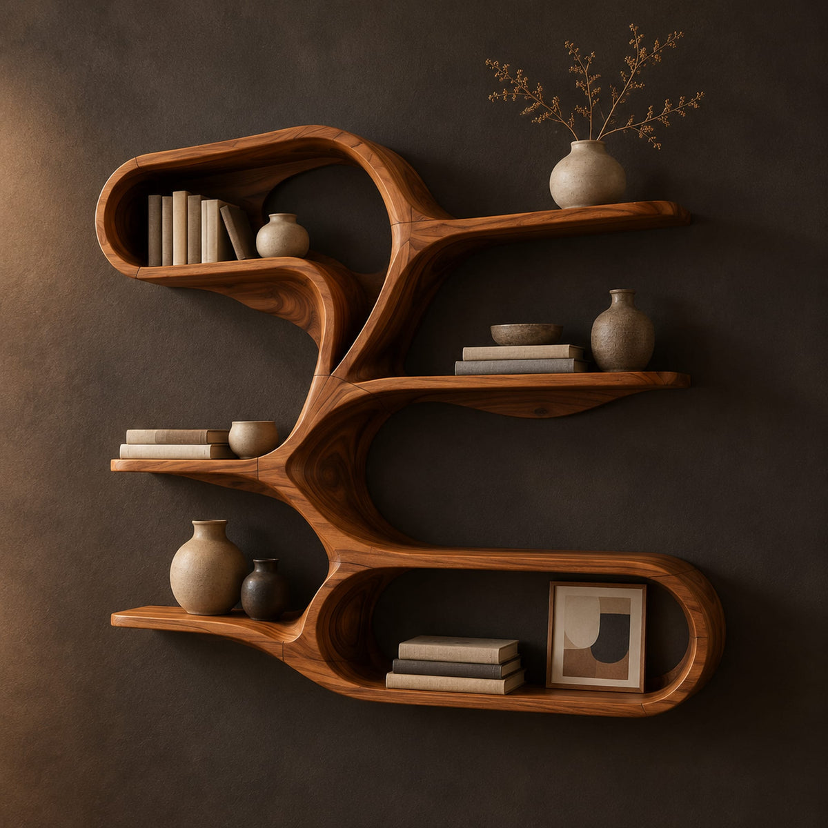 Freeform wall shelf with a flowing ribbon frame and several open tiers in a dark studio against a charcoal plaster wall