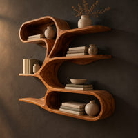 Freeform wall shelf with a flowing ribbon frame and several open tiers, three-quarter view showing the grain