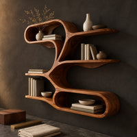 Corner detail of freeform wall shelf with a flowing ribbon frame and several open tiers beside wood, brass and linen samples