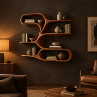 Freeform wall shelf with a flowing ribbon frame and several open tiers in a dark living room at golden hour