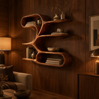 Freeform wall shelf with a flowing ribbon frame and several open tiers in an evening living room with walnut wall paneling