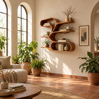 Freeform wall shelf with a flowing ribbon frame and several open tiers in a bright living room with arched windows and plants