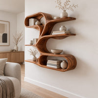 Freeform wall shelf with a flowing ribbon frame and several open tiers in a Scandinavian living room with white walls
