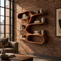 Freeform wall shelf with a flowing ribbon frame and several open tiers in an industrial loft living room with exposed brick