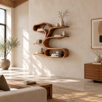 Freeform wall shelf with a flowing ribbon frame and several open tiers in a bright open plan living room