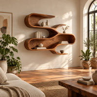 Sculptural wall shelf with three winding open tiers in a bright living room with arched windows and plants