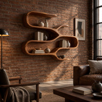 Sculptural wall shelf with three winding open tiers in an industrial loft living room with exposed brick