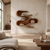 Sculptural wall shelf with three winding open tiers in a bright open plan living room