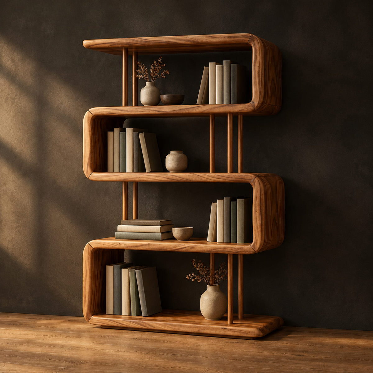 Serpentine bookshelf with looped shelves and slim vertical posts in a dark studio against a charcoal plaster wall