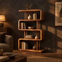 Serpentine bookshelf with looped shelves and slim vertical posts in a dark living room at golden hour
