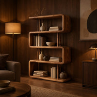 Serpentine bookshelf with looped shelves and slim vertical posts in an evening living room with walnut wall paneling