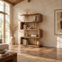 Serpentine bookshelf with looped shelves and slim vertical posts in a bright open plan living room