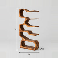 Serpentine Bookshelf With Staggered Slab Shelves And Loop Base dimension diagram with width, height and depth