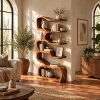 Tall serpentine bookshelf with staggered slab shelves and a loop base in a bright living room with arched windows and plants