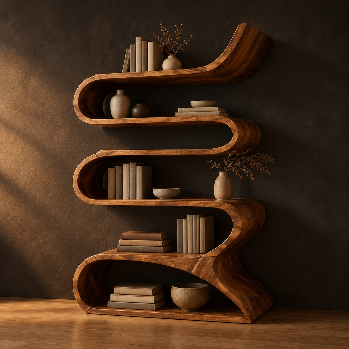 Serpentine bookshelf made from one folding ribbon of wood with open curved shelves in a dark studio against a charcoal plaster wall