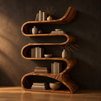 Serpentine bookshelf made from one folding ribbon of wood with open curved shelves in a dark studio against a charcoal plaster wall