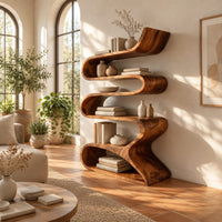 Serpentine bookshelf made from one folding ribbon of wood with open curved shelves in a bright living room with arched windows and plants